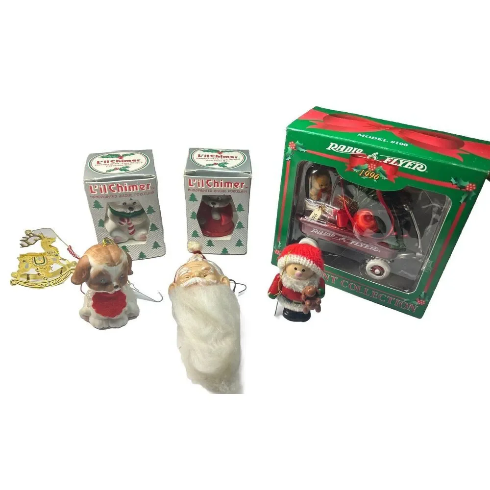 Lot of 7 Vintage Christmas Ornaments Reindeer Santa Bear Radio Flyer Retro‎